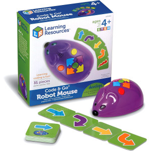 Learning Resources Code & Go Robot Mouse held by person, featuring light bulb.