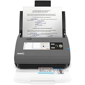 Ambir ImageScan DS820ix: High-Speed Duplex Document Scanner with document on top.