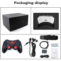 A sleek black packaging box with a VR headset, controller, earphones, cables, and manual arranged neatly for display.