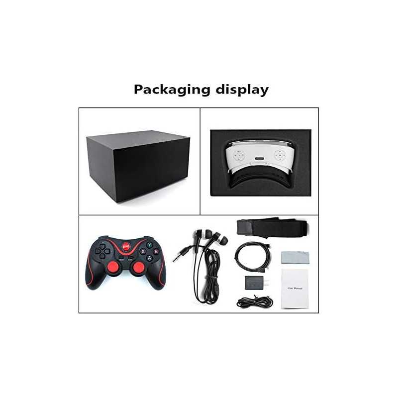 A sleek black packaging box with a VR headset, controller, earphones, cables, and manual arranged neatly for display.
