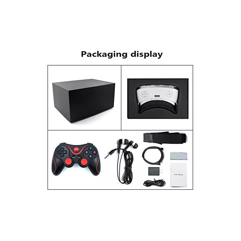 A sleek black packaging box with a VR headset, controller, earphones, cables, and manual arranged neatly for display.