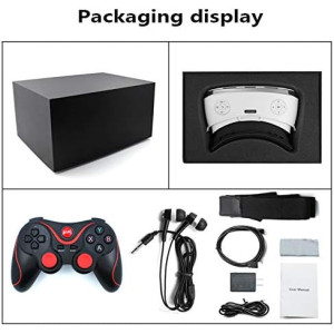 A sleek black packaging box with a VR headset, controller, earphones, cables, and manual arranged neatly for display.
