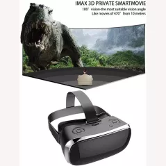 A sleek black packaging box with a VR headset, controller, earphones, cables, and manual arranged neatly for display.