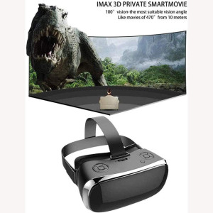 A sleek black packaging box with a VR headset, controller, earphones, cables, and manual arranged neatly for display.