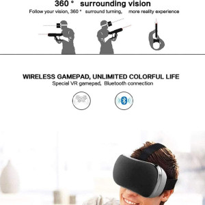 A sleek black packaging box with a VR headset, controller, earphones, cables, and manual arranged neatly for display.