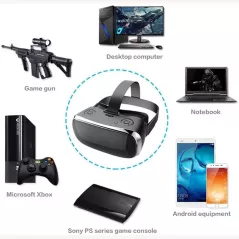 A sleek black packaging box with a VR headset, controller, earphones, cables, and manual arranged neatly for display.