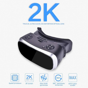 A sleek black packaging box with a VR headset, controller, earphones, cables, and manual arranged neatly for display.