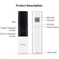 A smart translation device showcasing buttons for source and target languages, microphone, QR code, and volume controls.