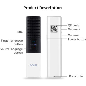 A smart translation device showcasing buttons for source and target languages, microphone, QR code, and volume controls.