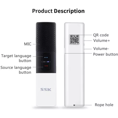 A smart translation device showcasing buttons for source and target languages, microphone, QR code, and volume controls.