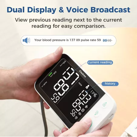 Tensiomètre Bluetooth Checkme : Double Écran LCD, Guidage Vocal, Brassard XL, 500 Mesures