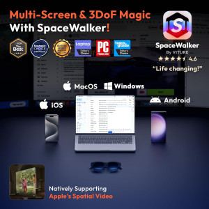 Image of Sony's ultra clarity panel with VITURE Pro XR Glasses, highlighting a 135" HD display and myopia adjustments