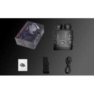 Black night vision binoculars with controls, packaged in a box, accompanied by a strap and connecting cable.