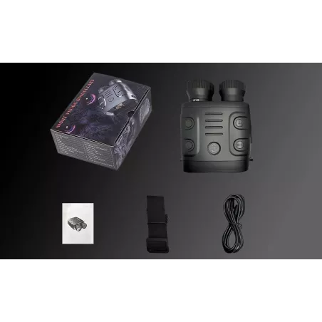 Black night vision binoculars with controls, packaged in a box, accompanied by a strap and connecting cable.