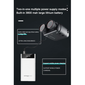 Black night vision binoculars with controls, packaged in a box, accompanied by a strap and connecting cable.