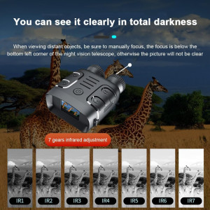 Black night vision binoculars with controls, packaged in a box, accompanied by a strap and connecting cable.