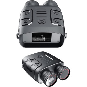 Black night vision binoculars with controls, packaged in a box, accompanied by a strap and connecting cable.