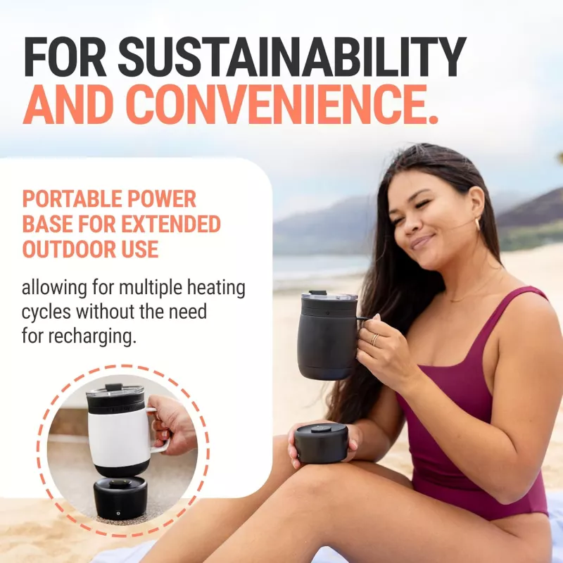 A sleek insulated mug features a wide ergonomic handle, contoured lip, and digital display for preset brewing of coffee and tea.
