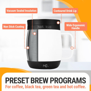 A sleek insulated mug features a wide ergonomic handle, contoured lip, and digital display for preset brewing of coffee and tea.