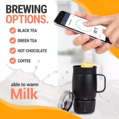 A sleek insulated mug features a wide ergonomic handle, contoured lip, and digital display for preset brewing of coffee and tea.