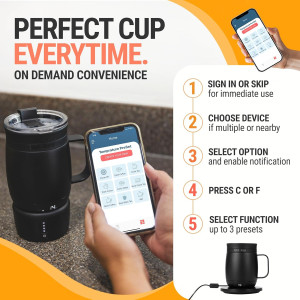 A sleek insulated mug features a wide ergonomic handle, contoured lip, and digital display for preset brewing of coffee and tea.