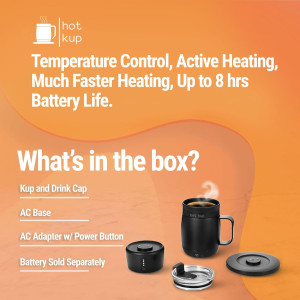 A sleek insulated mug features a wide ergonomic handle, contoured lip, and digital display for preset brewing of coffee and tea.