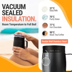 A sleek insulated mug features a wide ergonomic handle, contoured lip, and digital display for preset brewing of coffee and tea.