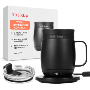 A sleek insulated mug features a wide ergonomic handle, contoured lip, and digital display for preset brewing of coffee and tea.