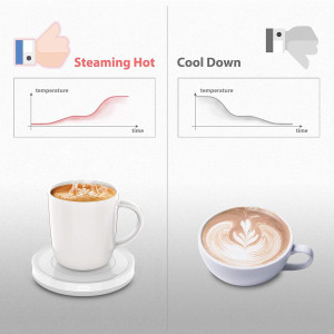 A white mug filled with latte art sits on a sleek white heating coaster, with steam rising from the cup.