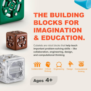 Colorful Cubelets Discovery Set with interactive blocks and guidebook on yellow background.