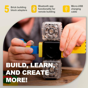 Colorful Cubelets Discovery Set with interactive blocks and guidebook on yellow background.