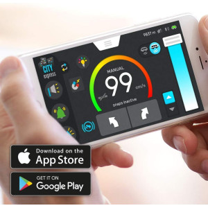 Sleek smart train on curved track with box, for kids ages 3–99, features shown.