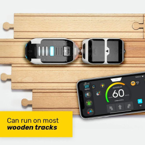 Sleek smart train on curved track with box, for kids ages 3–99, features shown.