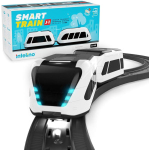 Sleek smart train on curved track with box, for kids ages 3–99, features shown.