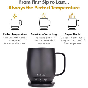 Nextmug Self-Heating Mug — Keeps drinks hot for hours with 3 adjustable temps & battery power!