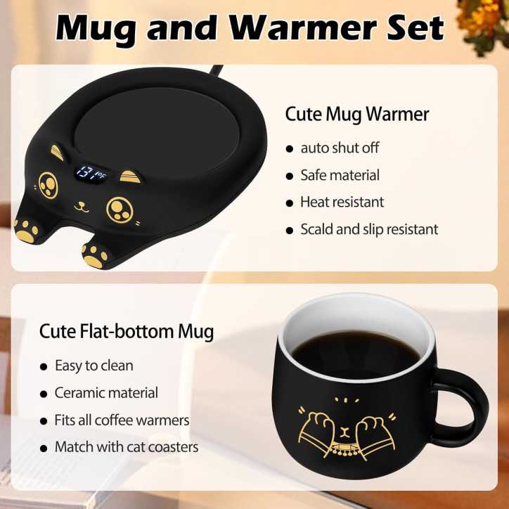 Cute Cat Mug Warmer Set: Keep Your Coffee Warm with Auto Shut-Off & 3 Temp Settings!