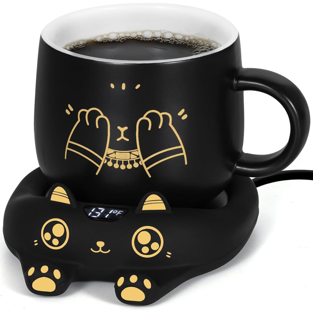 Coffee Mug Warmer & Cat Mug Set Auto Shut-Off, 3 Temp Settings