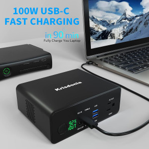 Krisdonia 130W Power Bank — 40,000mAh with AC outlet & 100W USB-C for fast laptop & phone charging!