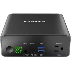 Krisdonia 130W Power Bank — 40,000mAh with AC outlet & 100W USB-C for fast laptop & phone charging!