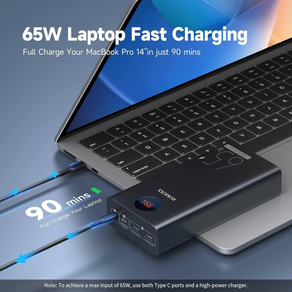 Power Bank 40000mAh 65W USB-C Fast Charging for Laptops & Phones