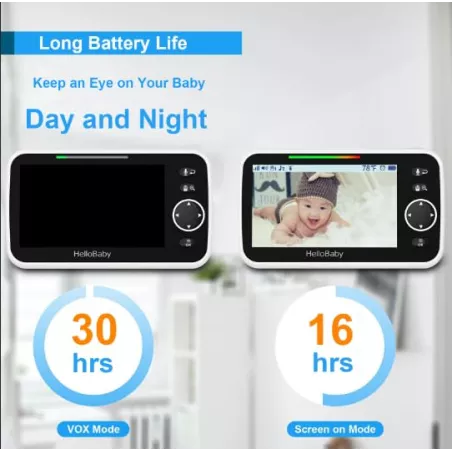 HelloBaby Moniteur Bébé 5 avec Caméra Panoramique, Batterie 30h & Vision Nocturne - Votre Allié Sérénité!