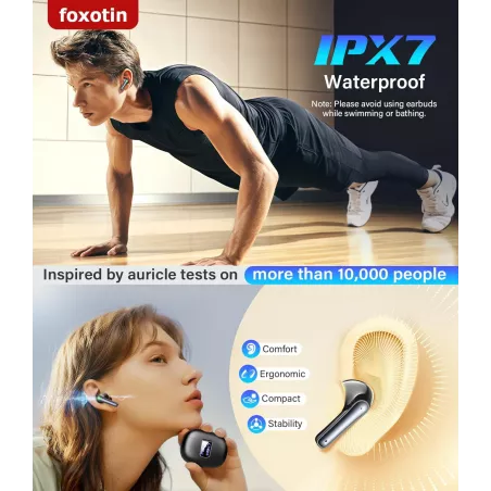 Écouteurs sans fil Bluetooth 5.3 - 48H, étanche IP7, noir
