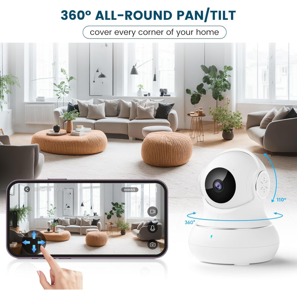 Litokam 2K Indoor Security Camera - 360° Pan/Tilt, Motion Detect, Night Vision