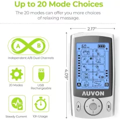 AUVON Stimulateur Musculaire TENS Double Canal: 20 Modes, Soulagement Personnalisé & Electrodes 2/2x4