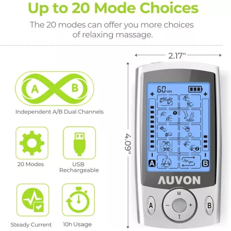 AUVON Stimulateur Musculaire TENS Double Canal: 20 Modes, Soulagement Personnalisé & Electrodes 2/2x4