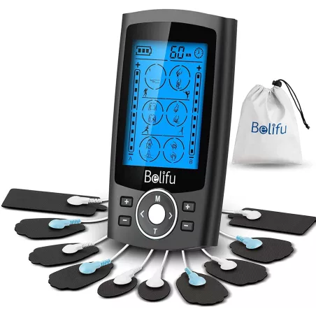 Belifu TENS/EMS : Soulagement Douleur Musculaire, 24 Modes, 10 Électrodes + Sac – Votre Kiné à Domicile!