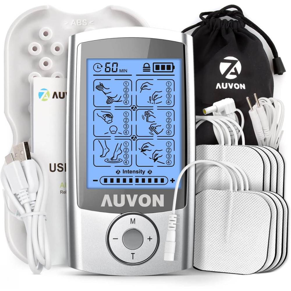 AUVON 4th Gen TENS Unit - 24 Modes, Rechargeable with 8 Electrode Pads
