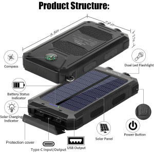 Power Bank Solaire 20000mAh Étanche avec Lampe & Boussole