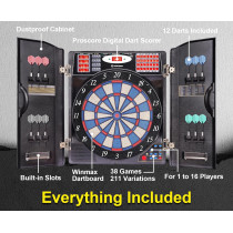 WIN.MAX Electronic Dart Board Cabinet Set – LED Digital Soft Tip, 38 Games, 16 Players
