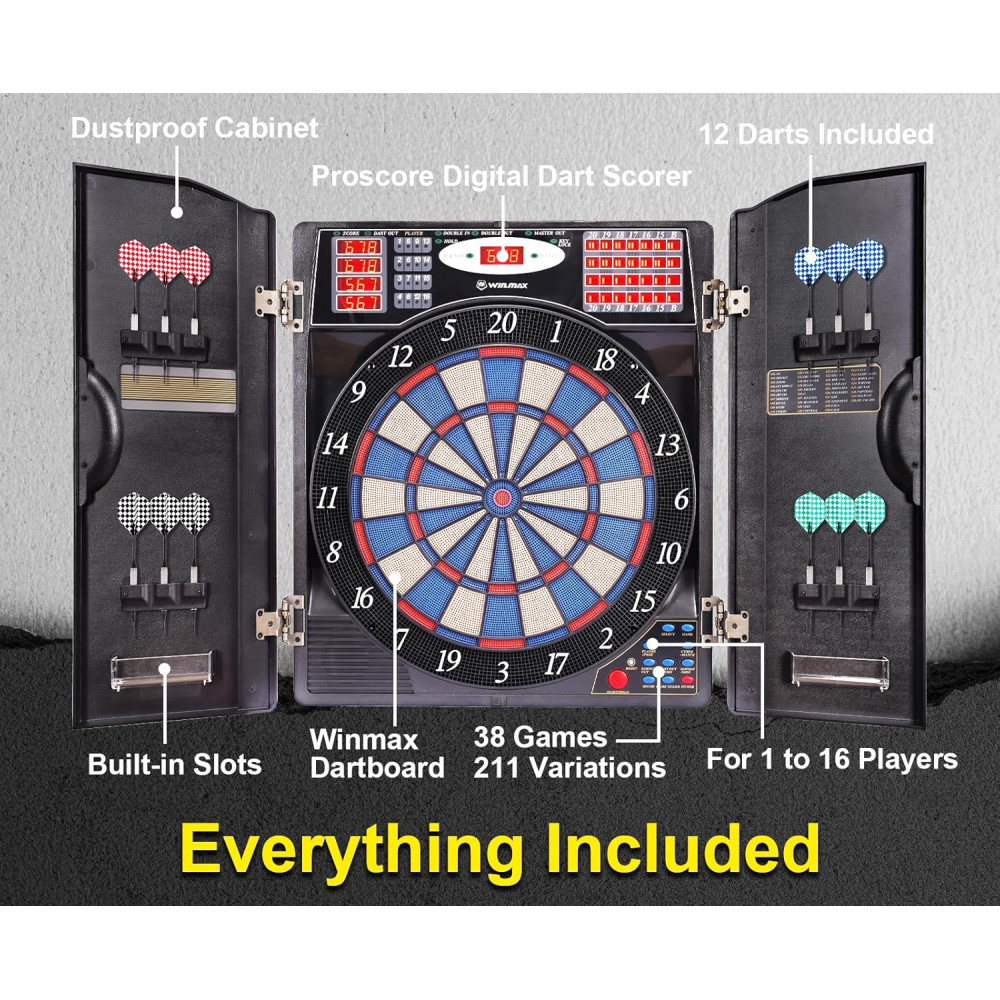 WIN.MAX Electronic Dart Board Cabinet Set – LED Digital Soft Tip, 38 Games, 16 Players